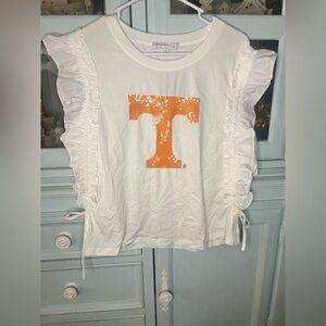 White Tennessee collegiate blouse with ruffles and sequins